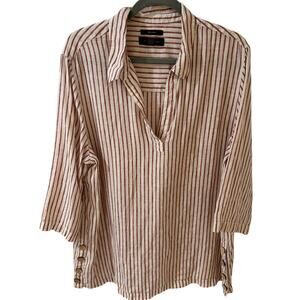 Tahari Linen Burgundy White Striped V-Neck Tunic Coverup Popover Top Women's, 1X